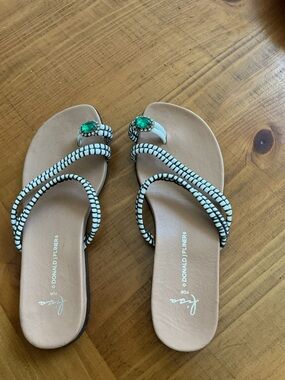 Donald J. Pliner Tan Sandals with White Straps & Green Gem